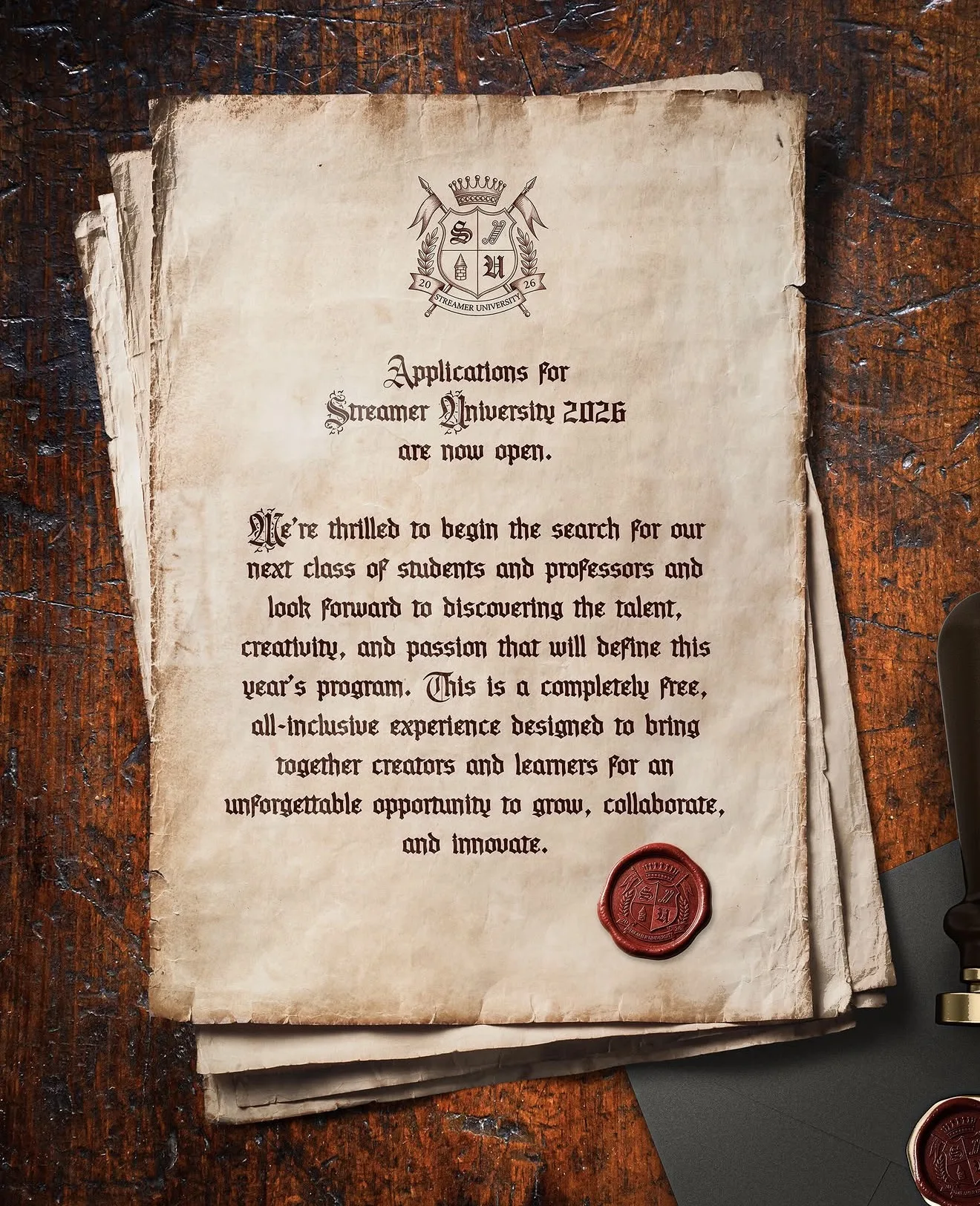 Streamer University 2026 — applications now open announcement scroll with wax seal